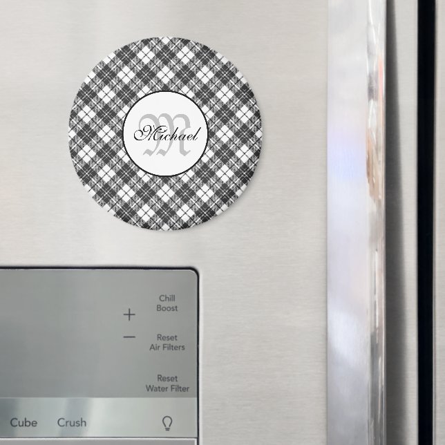 Tartan mönster, svart, vit Monogram Magnet (In Situ (Fridge))
