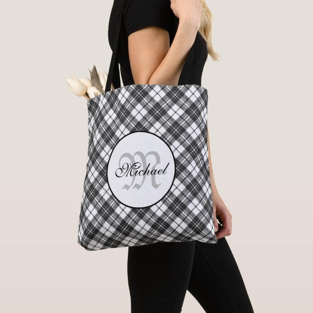 Tartan mönster, svart, vit Monogram Tygkasse (Närbild)