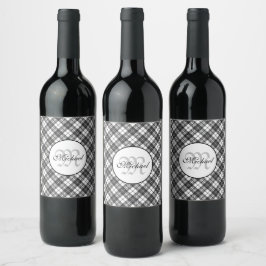 Tartan mönster, svart, vit Monogram Vinflaska Etikett