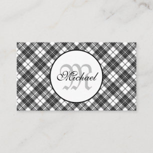 Tartan mönster, svart, vit Monogram Visitkort