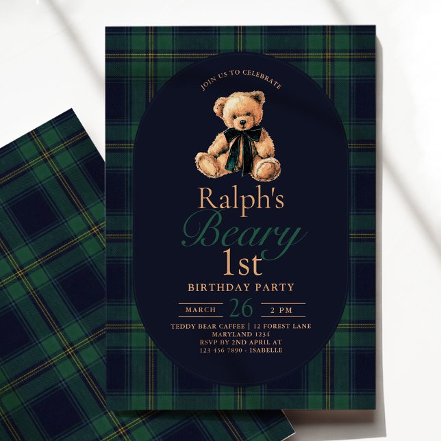 Tartan Nallebjörn 1-årsdag Inbjudningar (Skapare uppladdad)
