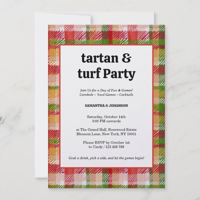 Tartan och Turf Utomhus Gräsmattespel Fest Inbjudningar (Framsida)