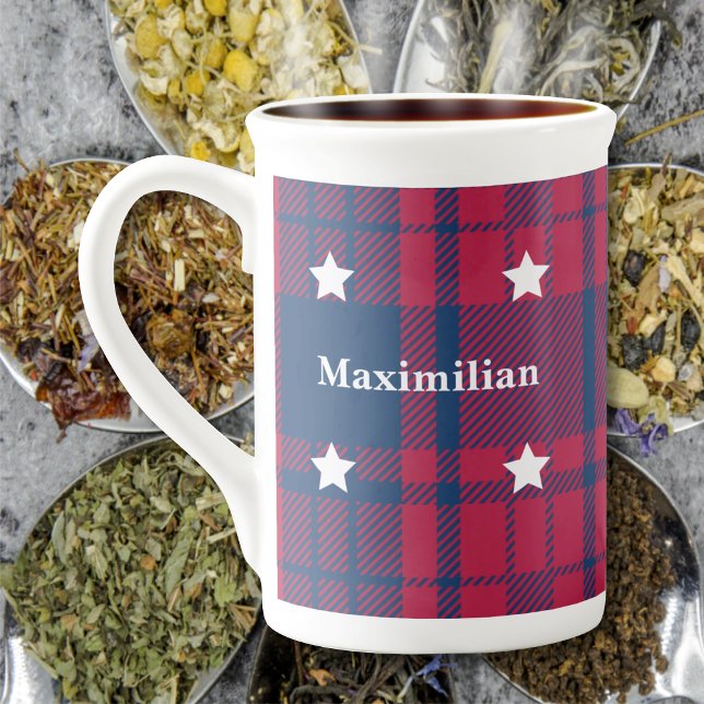 Tartan - Patriotic - Red Blue White Stars Benporslin Mugg (Tartan - Patriotic - Red Blue White Stars Bone China Mug by Leapfroglisics Shop)