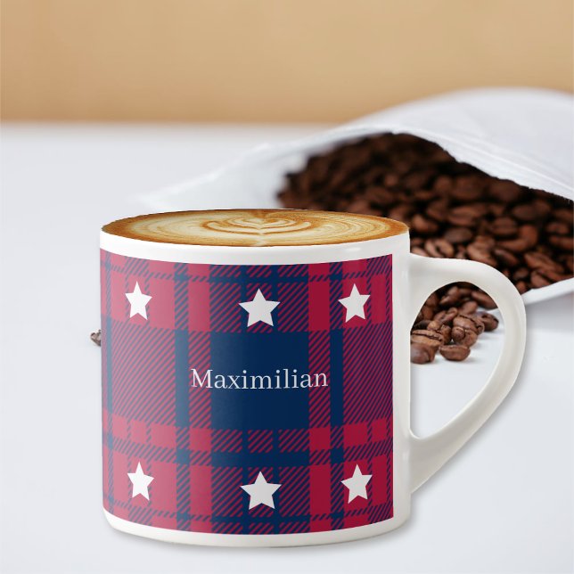 Tartan - Patriotic - Red Blue White Stars Espressomugg (Tartan - Patriotic - Red Blue White Stars Espresso Cup by Leapfroglisics Shop)