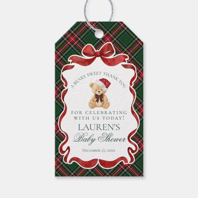 Tartan Plaid Christmas Bear Baby Shower Favors Presentetikett (Framsidan)