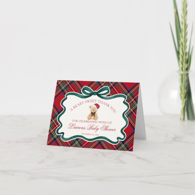 Tartan Plaid Christmas Bear Baby Thank You Card  Tack Kort (Framsida)