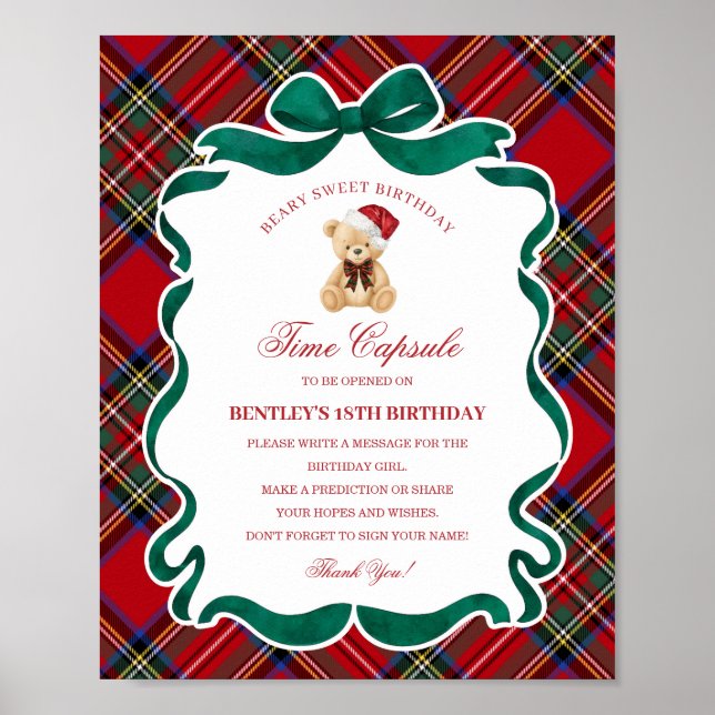 Tartan Plaid Christmas Bear Birthday Time Capsule Poster (Framsidan)