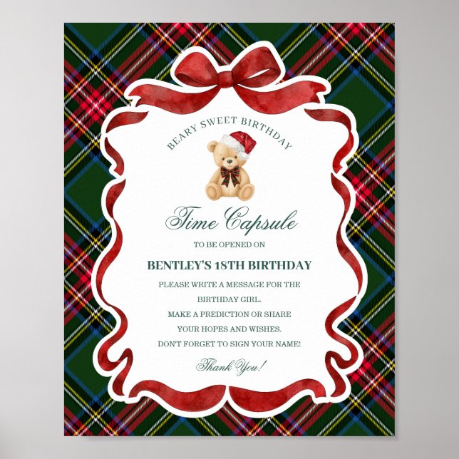 Tartan Plaid Christmas Bear Birthday Time Capsule Poster (Framsidan)