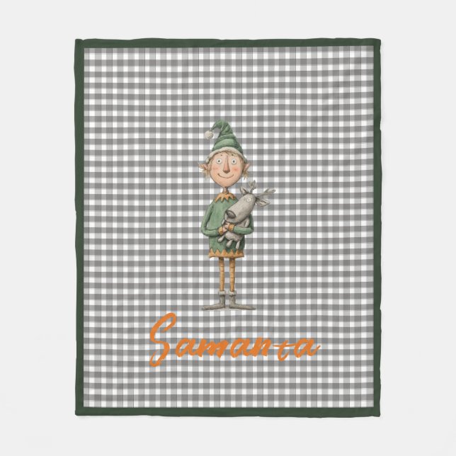 Tartan plaid christmas elf reideer grey white name fleecefilt (Framsidan)