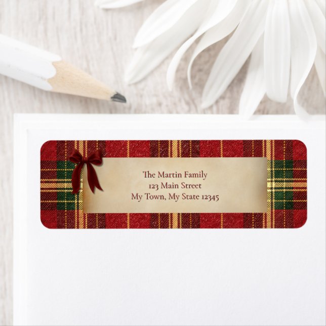 Tartan Plaid Christmas Red Bow Address Label Returadress Etikett (Insitu)