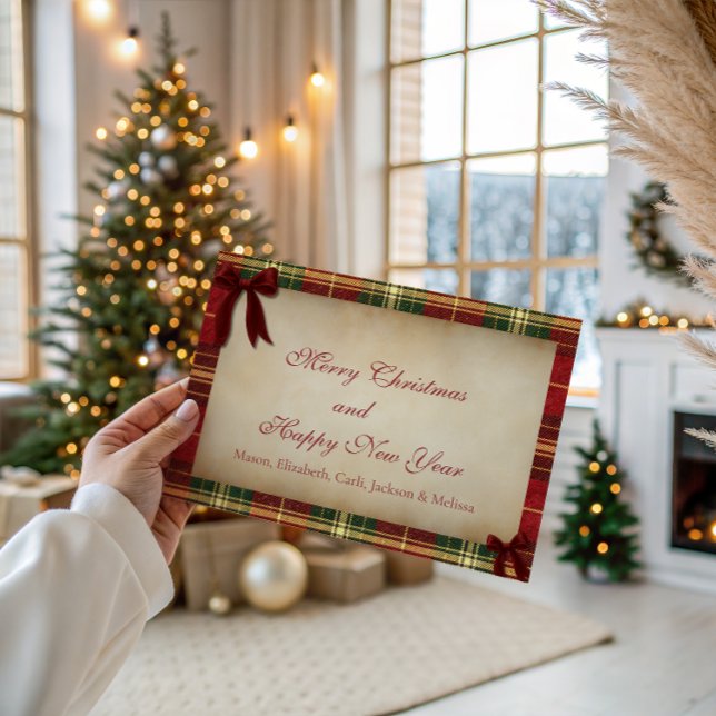 Tartan Plaid Christmas Red Bow Christmas Card Julkort (Skapare uppladdad)