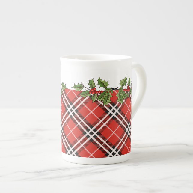 Tartan Plaid & Holly Bone China Julmugg Benporslin Mugg (Framsida höger)