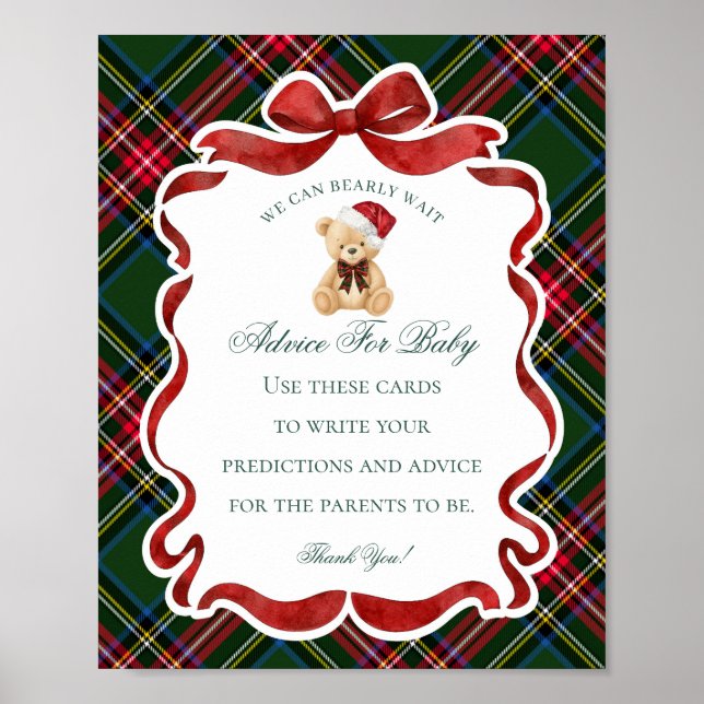 Tartan Plaid Julbjörn Babyshower Råd för Bebis Poster (Framsidan)