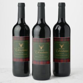 Tartan Plaid Merry Christmas Family Vinflaska Etikett