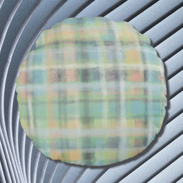 Tartan plaid modern pastel grått grönt blue gult rund kudde