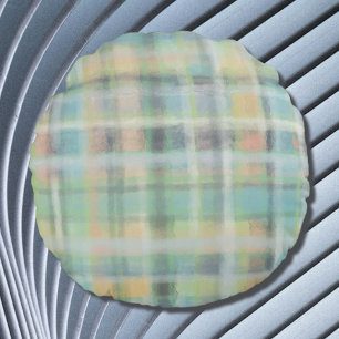 Tartan plaid modern pastel grått grönt blue gult rund kudde