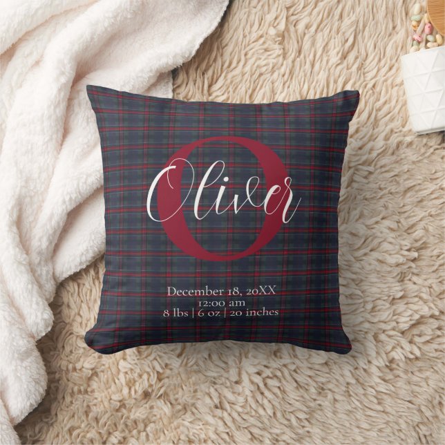 Tartan Plaid Monogram Födelse Statistik Nyfödd Bab Kudde (Filt)