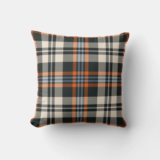 Tartan plaid mönster, svart, orange, blått kudde (Framsida)
