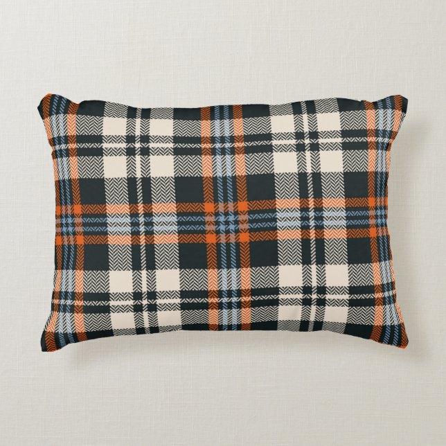 Tartan plaid mönster, svart, orange, blått prydnadskudde (Framsidan)