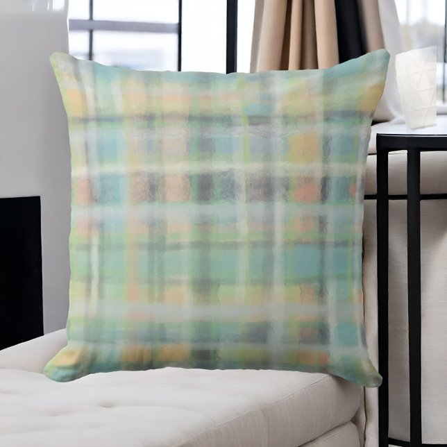 Tartan plaid pastel sage grönt grått blue gult kudde (Skapare uppladdad)