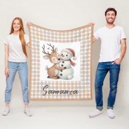 Tartan plaid reindeer snowman beige white name fleecefilt