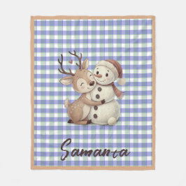 Tartan plaid reindeer snowman blue beige name fleecefilt