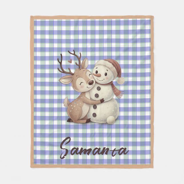 Tartan plaid reindeer snowman blue beige name fleecefilt (Framsidan)