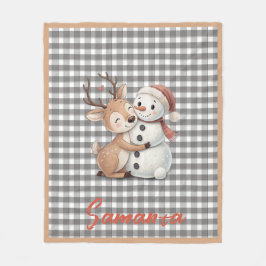 Tartan plaid reindeer snowman grey white name fleecefilt