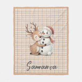 Tartan plaid reindeer snowman orange beige name fleecefilt