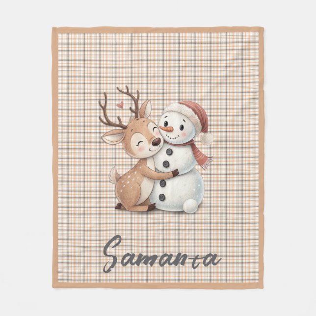 Tartan plaid reindeer snowman orange beige name fleecefilt (Framsidan)