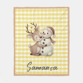 Tartan plaid reindeer snowman yellow beige name fleecefilt