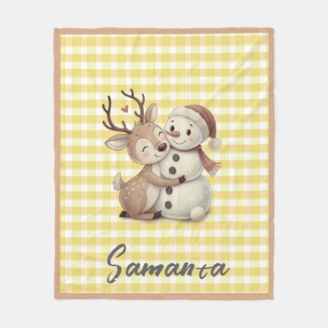 Tartan plaid reindeer snowman yellow beige name fleecefilt (Framsidan)