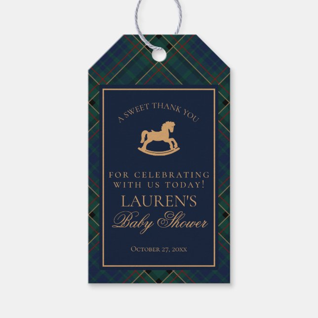 Tartan Plaid Rocking Horse Baby Shower Favors Presentetikett (Framsidan)