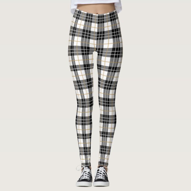 Tartan Plaid White, Black och Guld jul Leggings (Framsida)