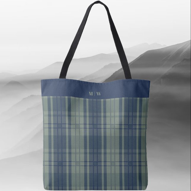 Tartan Play - Grönten Navy Blue and Slate Tygkasse (Tartan Plaid - Navy Blue and Slate Green Tote Bag by Leapfroglisics Shop)