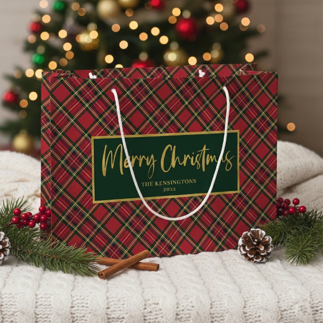 Tartan Play Guld Script God jul (Tartan Plaid Gold Script Merry Christmas Large Gift Bag)