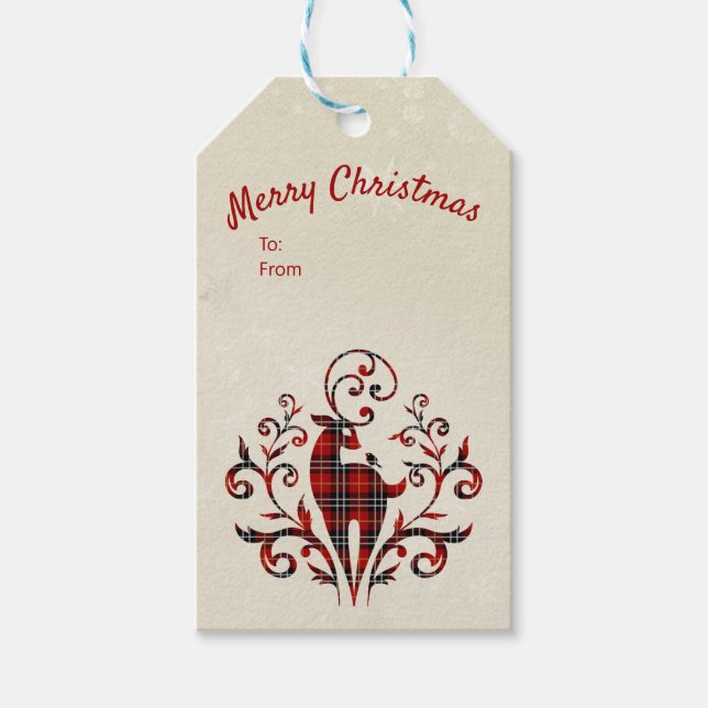 Tartan Play-Hjort på snöflingdesign Presentetikett (Framsidan)