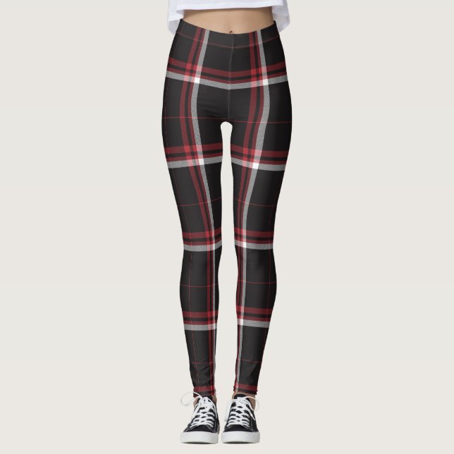 Tartan Play Mönster Red Black White Stripe Leggings (Framsida)