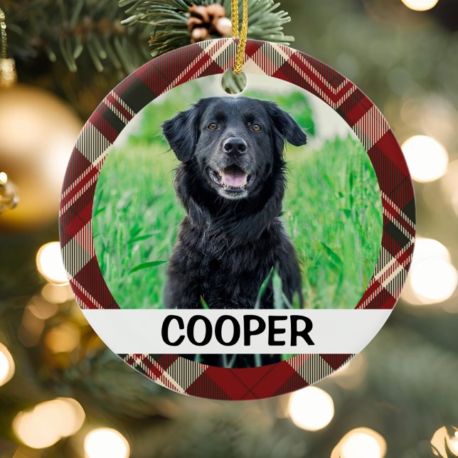 Tartan Play Personlig Hund Photo with Namn Julgransprydnad Keramik (Tartan plaid ceramic ornament)