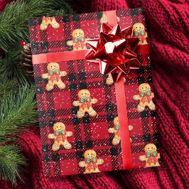 Tartan Red Black Gingerbröd Snowfall jul Presentpapper