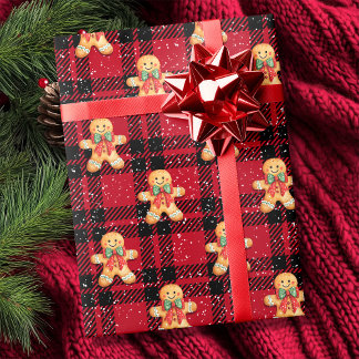 Tartan Red Black Gingerbröd Snowfall jul Presentpapper