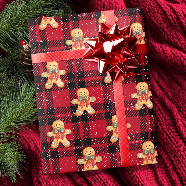 Tartan Red Black Gingerbröd Snowfall jul Presentpapper (Tartan Red Black Gingerbread Snowfall Christmas Wrapping Paper)