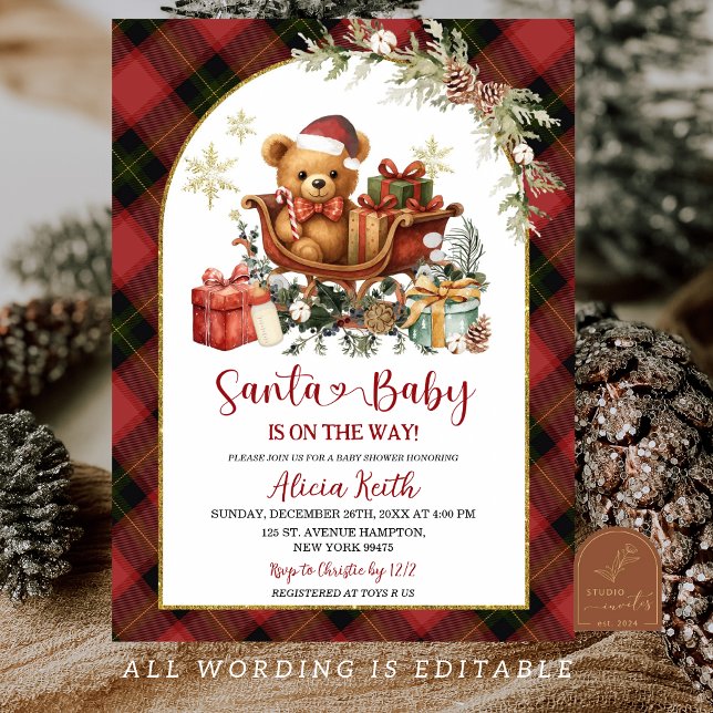 Tartan Red Christmas Santa Bear Baby Shower  Inbjudningar (Skapare uppladdad)