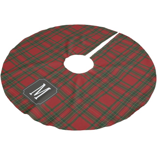 Tartan Röd Grön Monogram Julgransmatta Borstad Polyester (Vinklad)