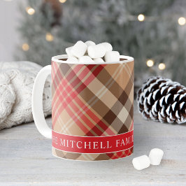Tartan Röd Tan Rutig Anpassad Familj Monogram Kaffemugg