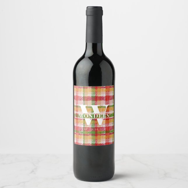 Tartan-rutig anpassad monogram-eventtema vinflaska etikett (Framsida)