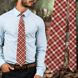 Tartan-rutig design i vinrött och krämfärg slips