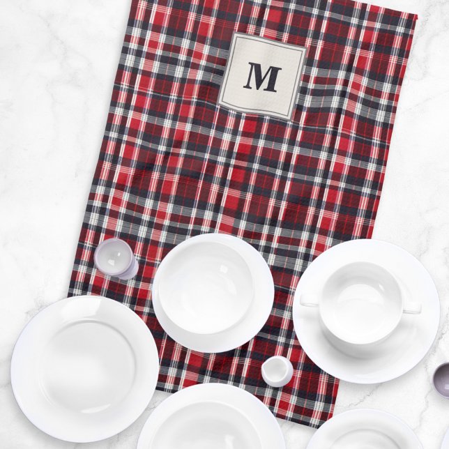 Tartan Rutig Elegant Mönstrad Stilren Monogram Kökshandduk (A monogrammed kitchen tea towel with festive red plaid design)