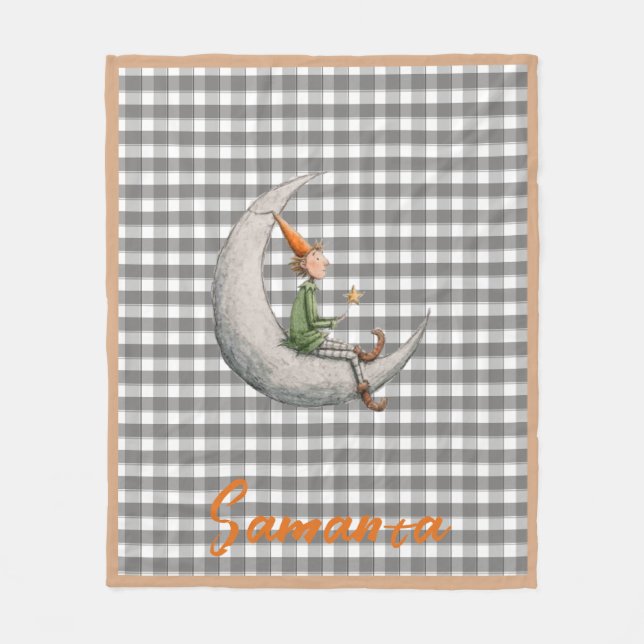 Tartan-rutig jul-tomte grå vit namn fleecefilt (Framsidan)