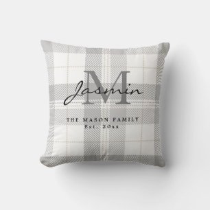 Tartan Rutigt Grått Vitt Familjenamn Monogram Kudde